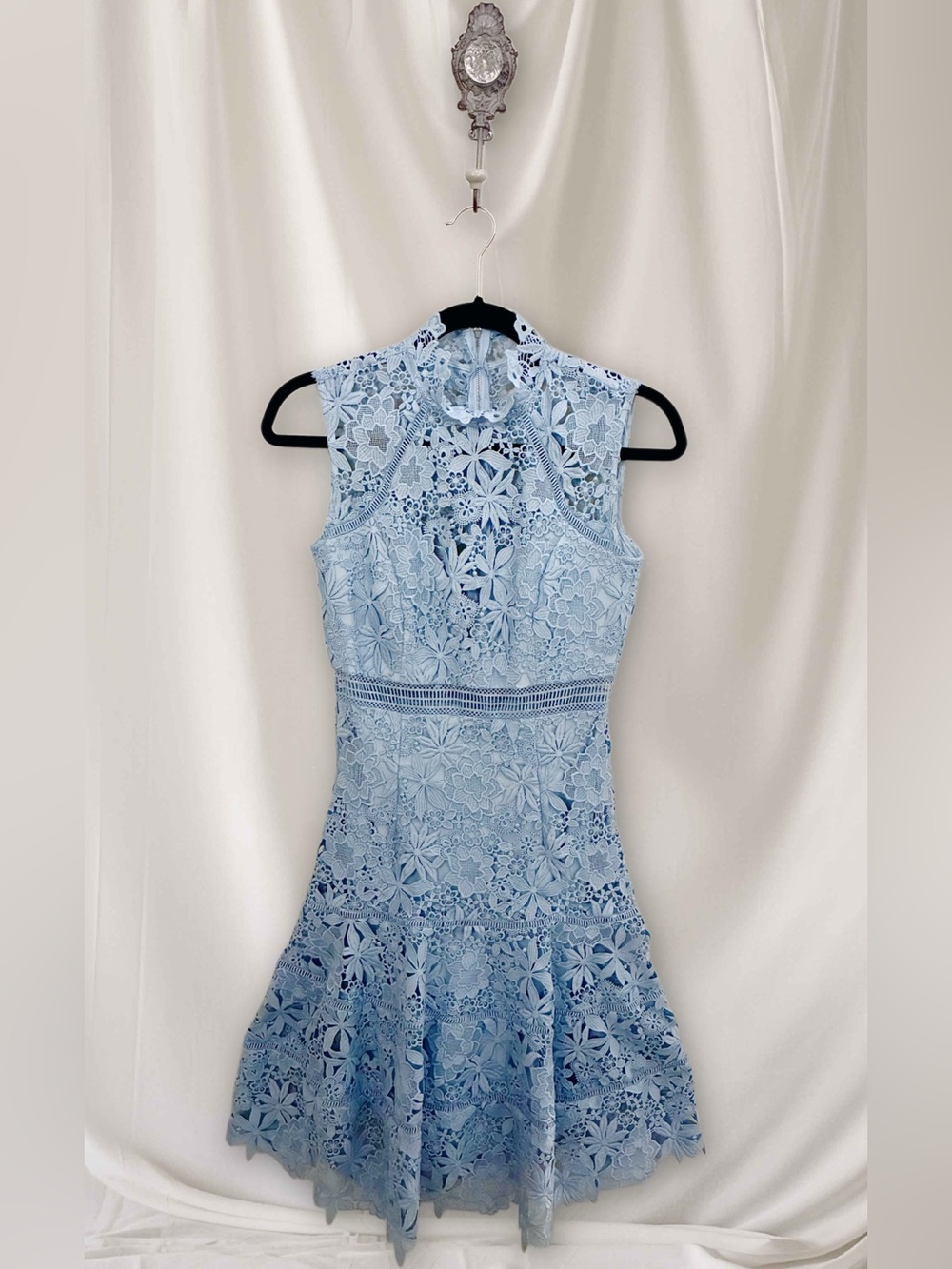 Bardot Powder Blue Floral Crochet Lace Mini Fit and Flare Dress
